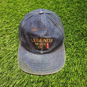 VTG 90s Levi's Distressed Faded Denim Dad Hat Baseball Cap "Legends Never Die"
